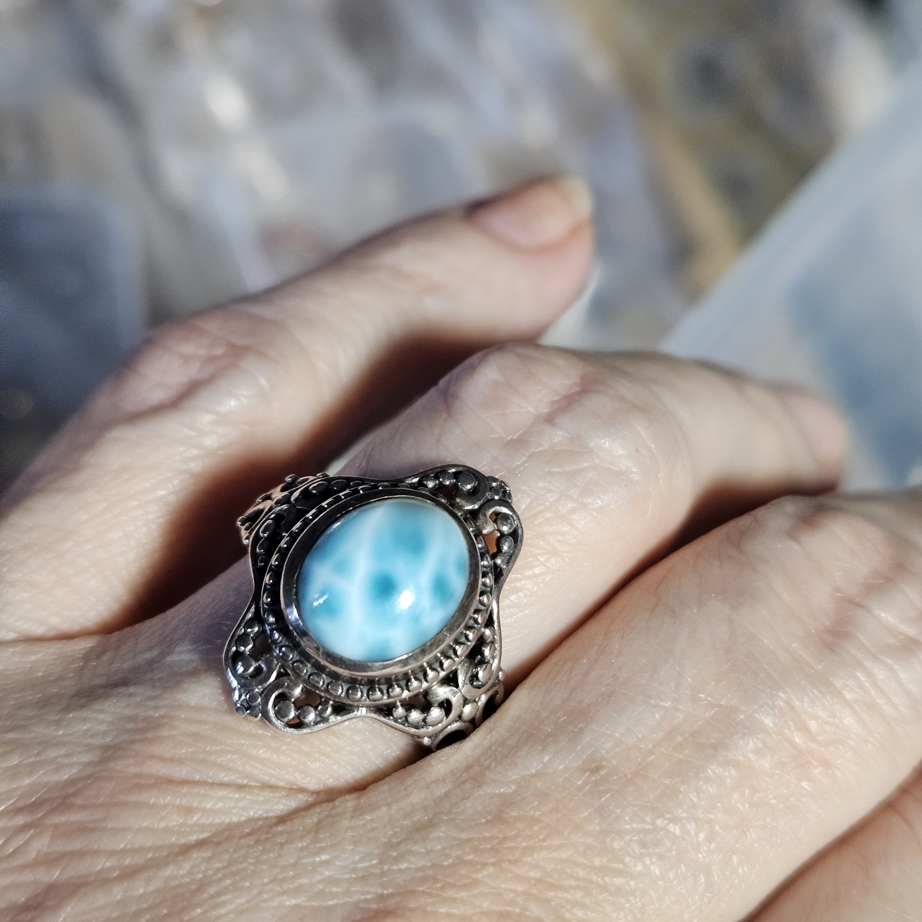 925 Silver And Blue Larimer Gemstone Ring Size 7.5